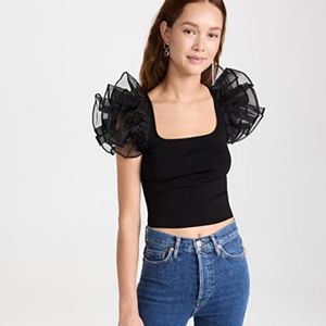 Alice Olivia Merida Square Neck Ruffle Sleeve Crop Top